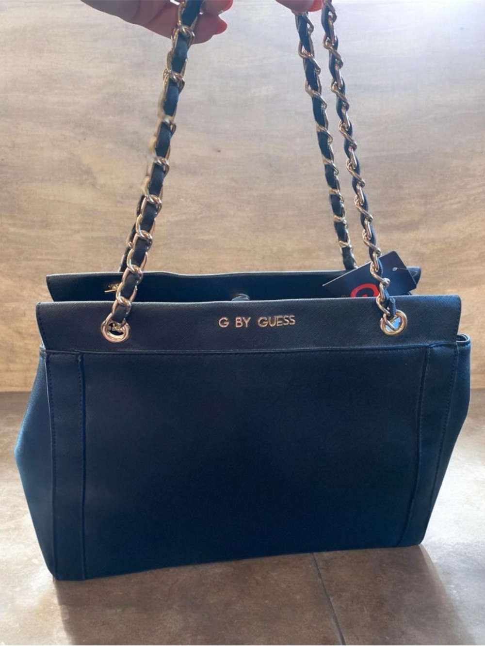 G BY GUESS Women's Black Faux Leather Shoulder Bag with Chain Accent and Logo